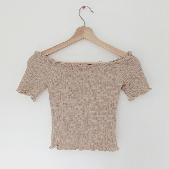 smocked, off-the-shoulder, tan crop top - Picture 2 of 3